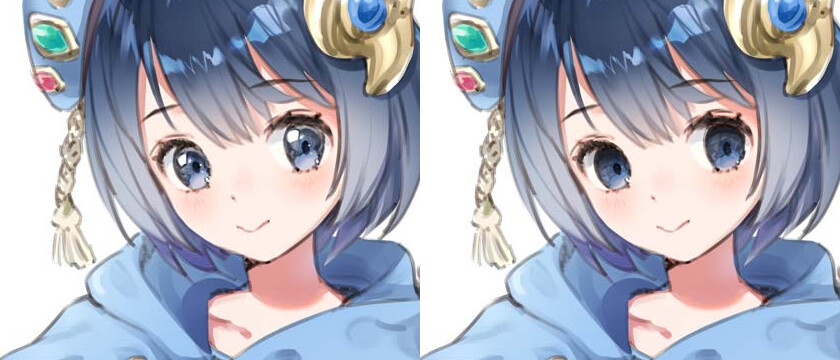 同じアニメキャラクターの顔を左右に並べた比較。左の大きな青い目には白いハイライトがあり、右では両目の白いハイライトがなく、瞳が暗く見える。