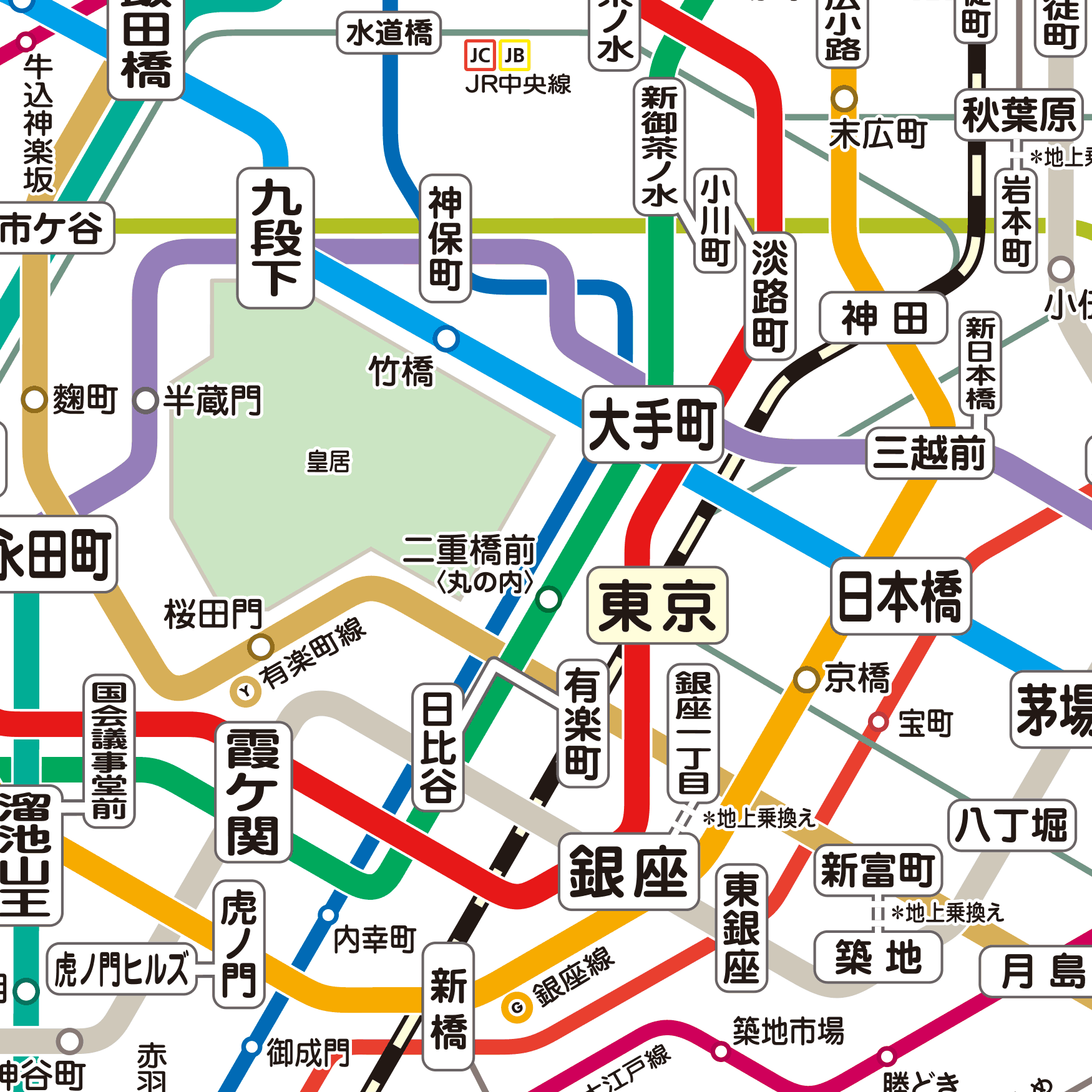 東京メトロ簡易版路線図から、東京駅周辺を中心とした東京都心部を正方形に切り出した模式図。